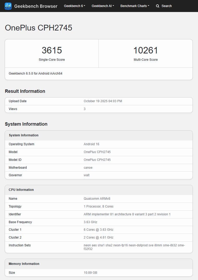    В Geekbench раскрыли ключевые характеристики и производительность глобальной версии OnePlus 15