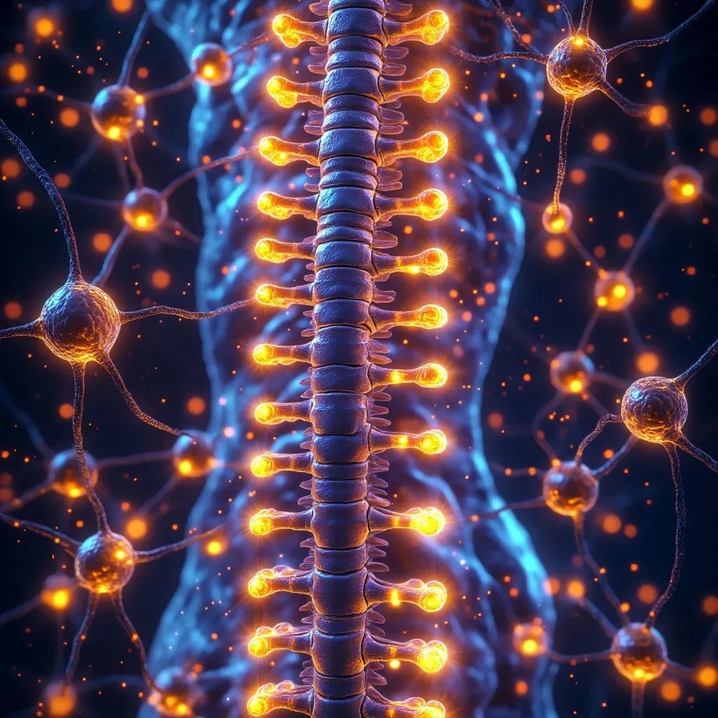 Иллюстрация позвоночника, окруженная яркими, светящимися молекулами витаминов группы В, символизирующими их питающее и восстанавливающее действие на нервные клетки.