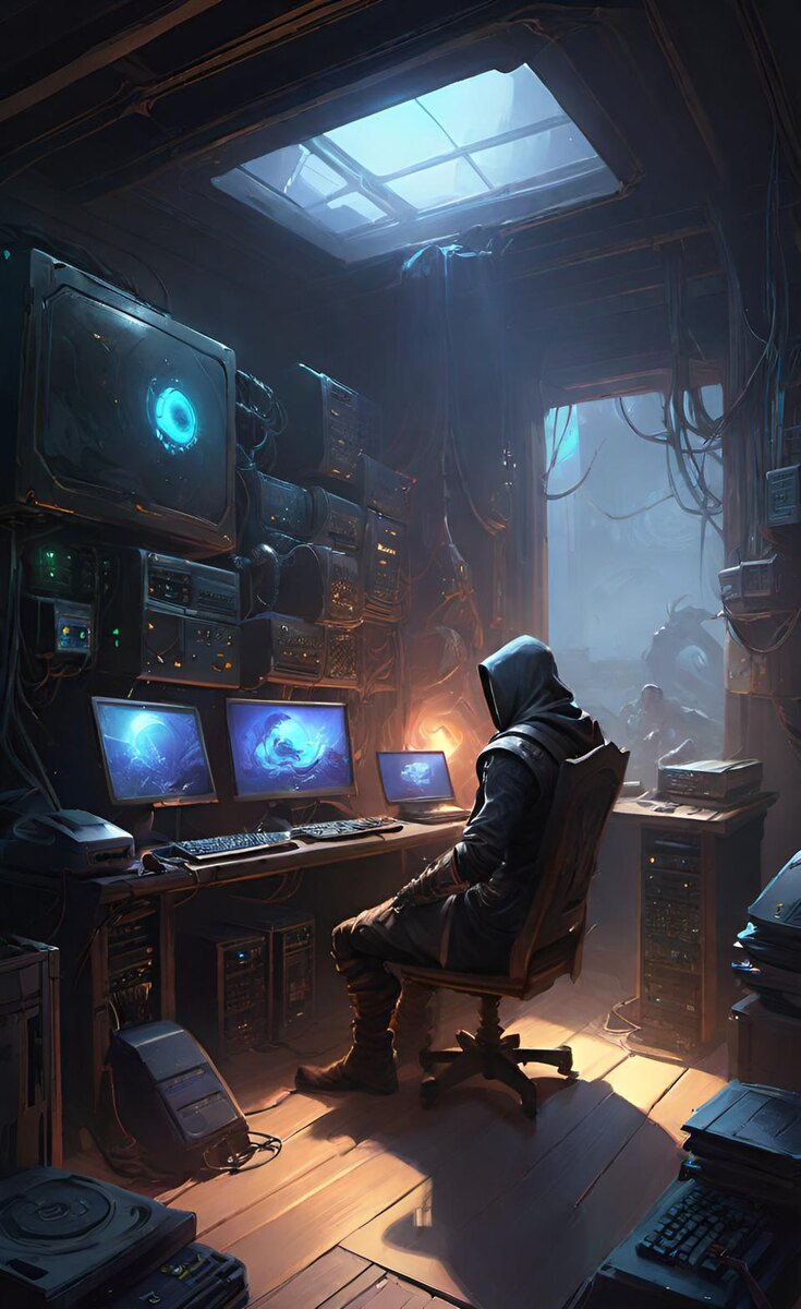 Киберпанковый хакер за работой
