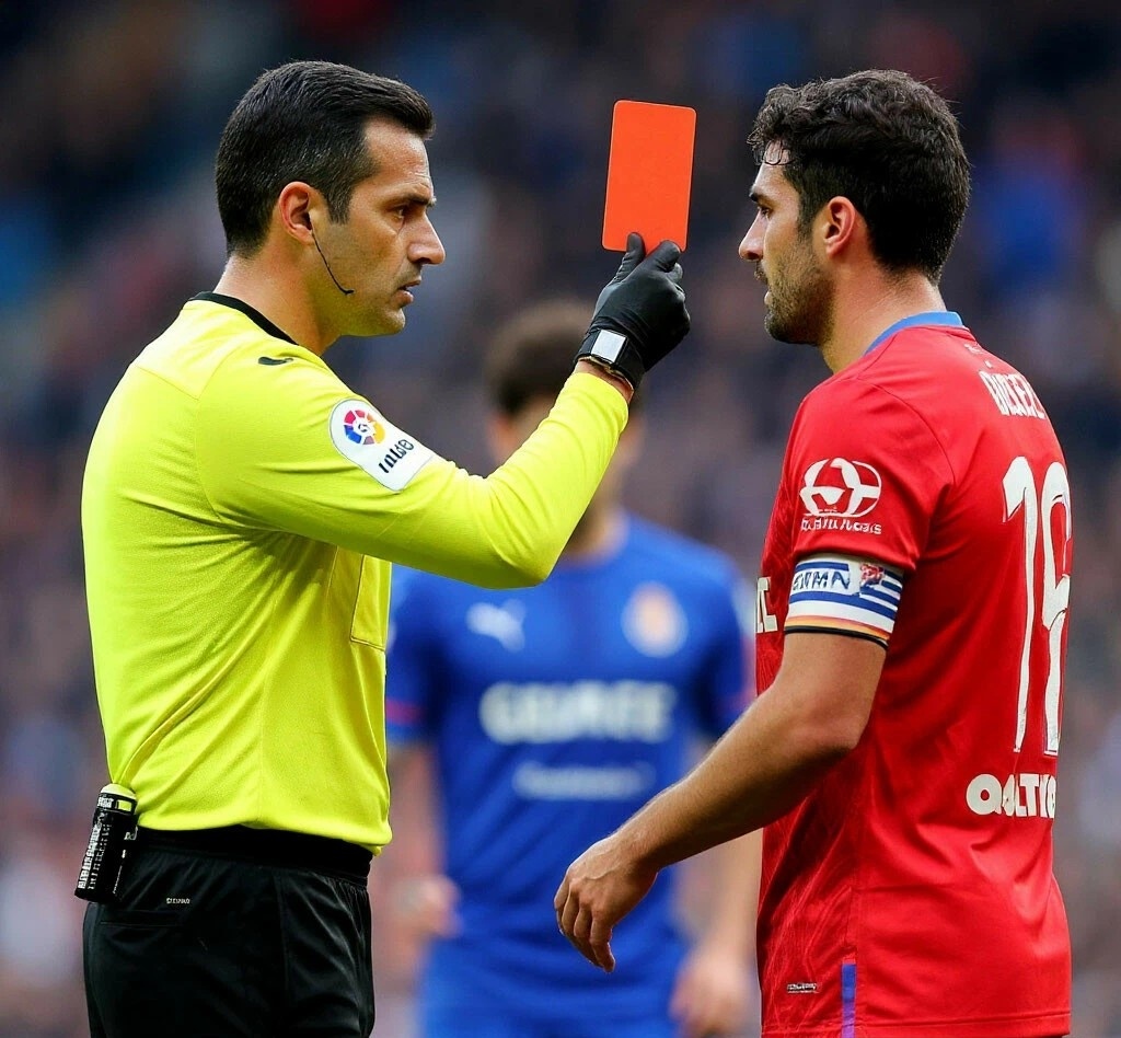 Фото: арбитр показывает красную карточку игроку «Хетафе»