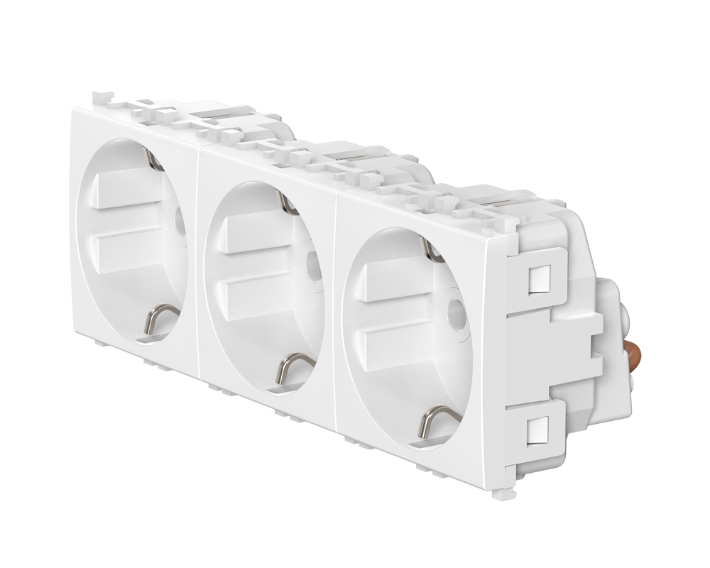 На фото: розетка CADUCEUS ALING EXPERIENCE электрическая, трехместная, модульная, для скрытой проводки, механизм, 16А, 250 В~, артикул 74163