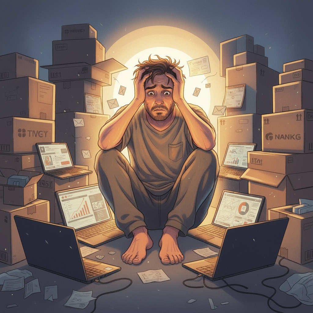 genspark. Промт: Владелец интернет-магазина в панике, окруженный коробками и ноутбуками, вдали тоннель со светом, символизирующий альтернативу создания собственного бизнеса. Контрастное освещение, выделяющее выражение тревоги и надежды; мягкие, приглушенные цвета с акцентом на тёплые тона владельца, свет в тоннеле ярко выделяется.