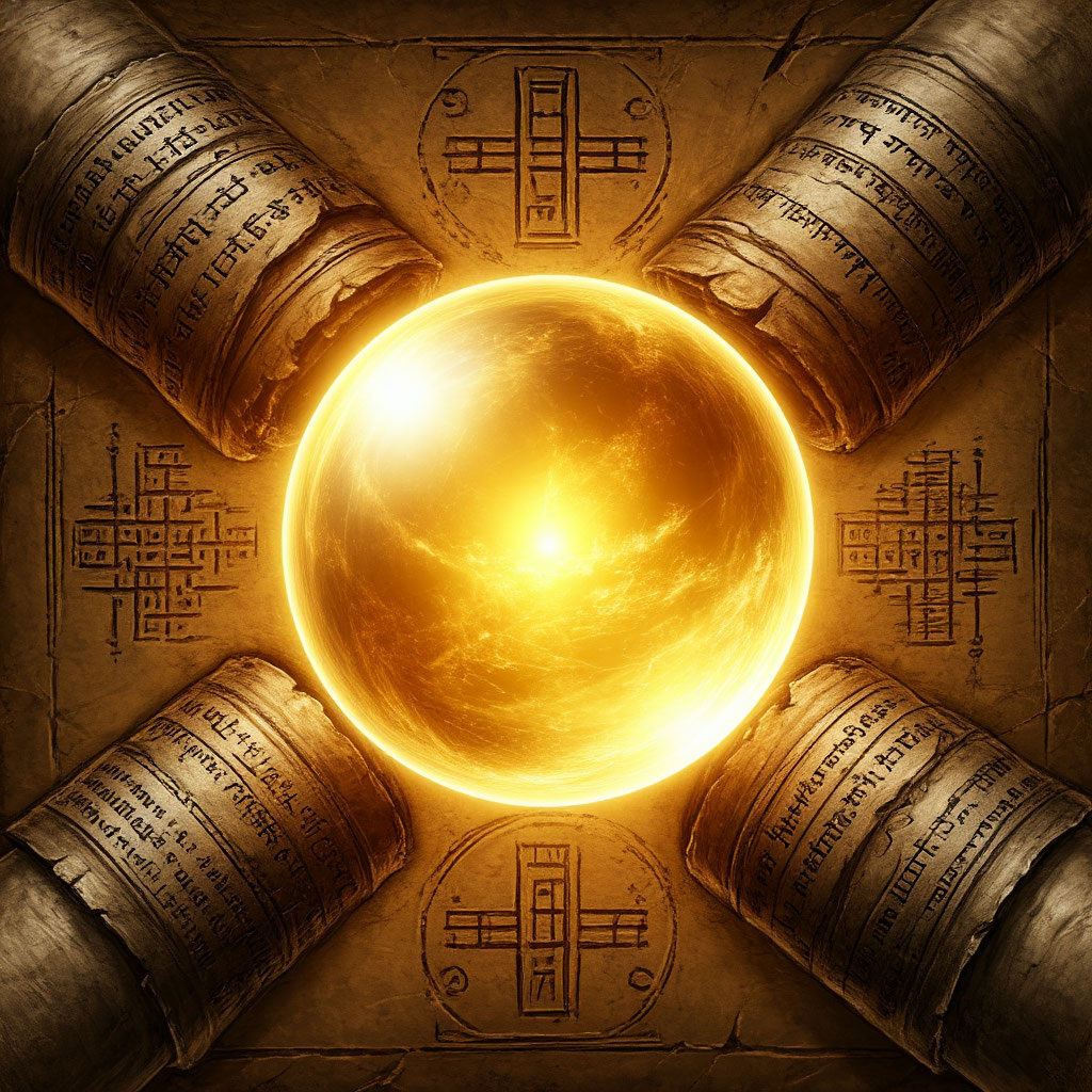 Иллюстрация "Спор о Мечте: Четыре свитка против Золотого шара" создана сетью Шедеврум