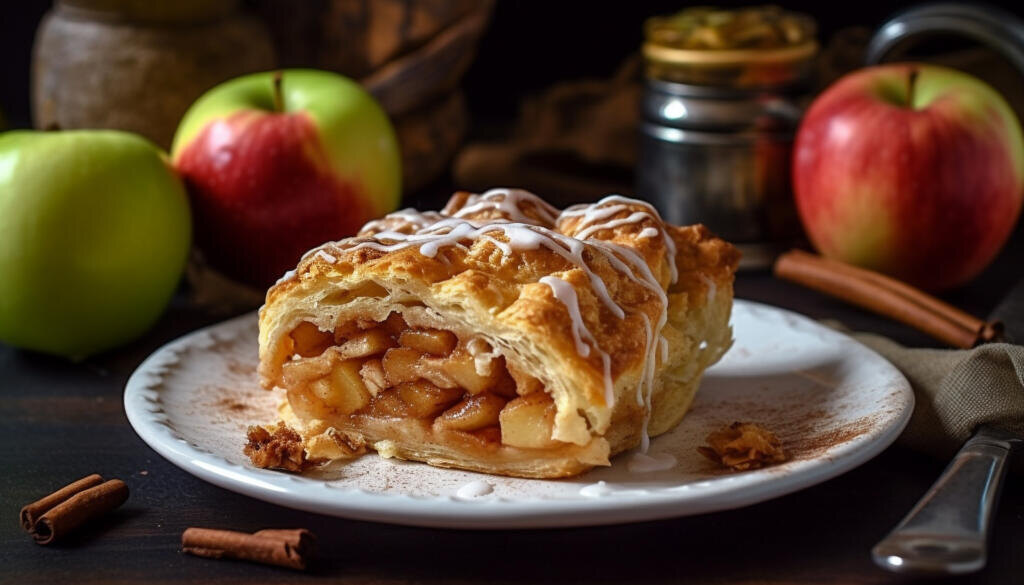    Freshly baked apple strudel on rustic wood generated by artificial intelligence Журналист