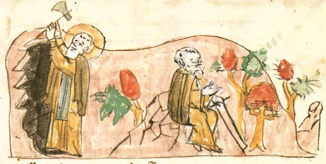 Прп. Антоний в пещере. Миниатюра из Радзивилловской летописи, XV в.