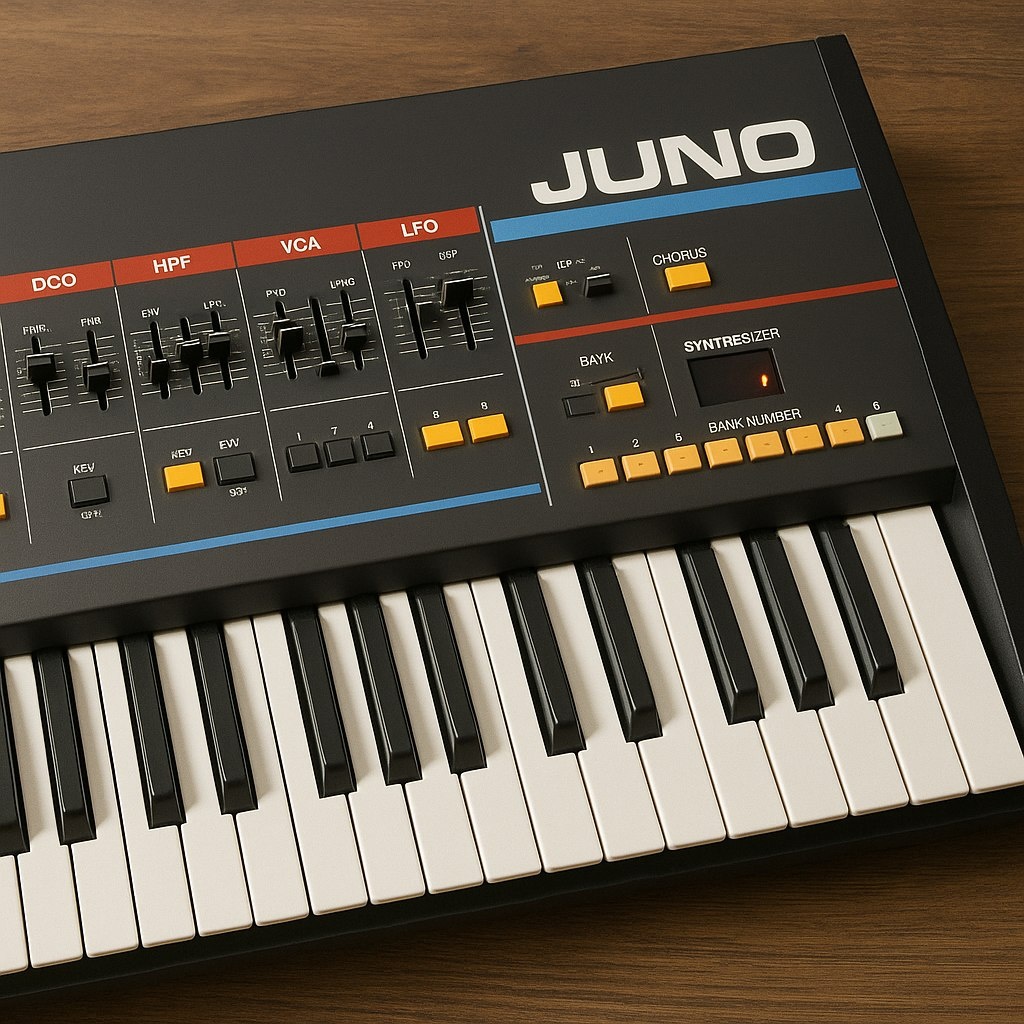 Juno — серия аналоговых синтезаторов, выпускавшихся японской компанией Roland Corporation в период с конца 1970-х годов до начала 1980-х. Наиболее известными моделями серии являются Juno-6, Juno-60 и Juno-106. Эти инструменты стали популярными благодаря своему характерному звучанию, простоте управления и доступной цене.

▌ Особенности Juno-серии

- Простота интерфейса: Минималистичный дизайн с небольшим количеством кнопок и регуляторов сделал использование инструмента интуитивно понятным даже для начинающих музыкантов.
- Звучание: Отличается теплым и насыщенным звуком, идеально подходящим для создания мелодичных и атмосферных звуков.
- Polyphony: Большинство моделей имели полифонию (способность воспроизводить одновременно несколько нот), что было важным преимуществом для живых выступлений и студийной записи.
- Memory: Некоторые модели (например, Juno-60 и Juno-106) оснащались памятью для сохранения пресетов, что позволяло быстро переключаться между звуками.

▌ Популярность и влияние

Серия Juno стала культовой среди музыкантов разных жанров, включая поп, рок, электронную музыку и диско. Такие артисты, как Depeche Mode, Duran Duran, New Order и Pet Shop Boys активно использовали Juno в своих композициях. Инструмент также стал популярным в жанре хаус-музыки благодаря своей способности создавать глубокие басовые линии и атмосферные звуки.

Сегодня Juno остается востребованным инструментом среди коллекционеров и музыкантов, ищущих аутентичное звучание эпохи 80-х. Несмотря на появление современных цифровых технологий, многие музыканты продолжают отдавать предпочтение аналоговым синтезаторам за их уникальное звучание и теплоту звука.