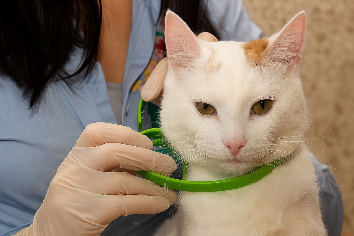 Коту надевают ошейник