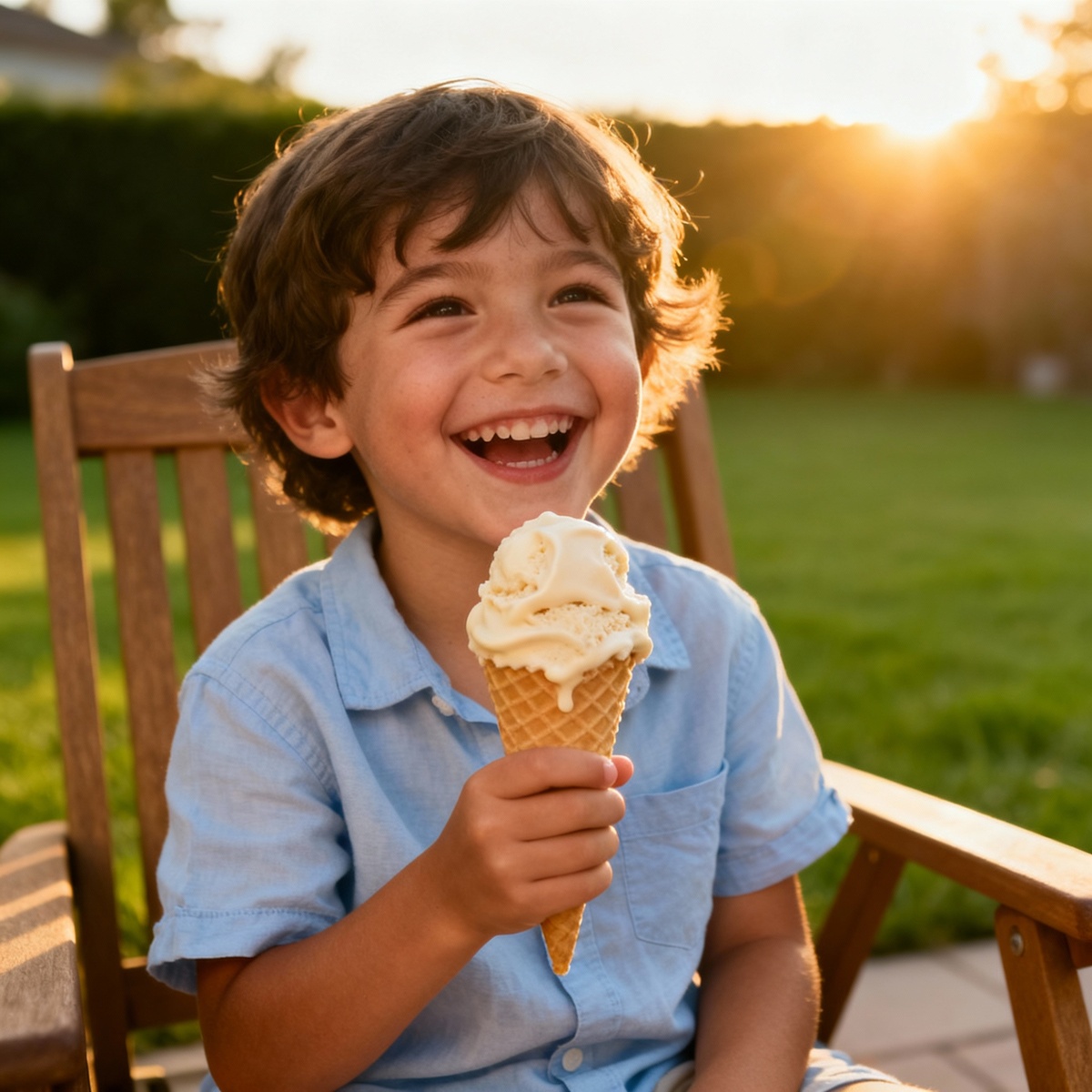 "Ребёнок наслаждается кето-мороженым на солнце — здоровое питание для детей и подростков, кето-десерт без сахара, радость и польза в одном"