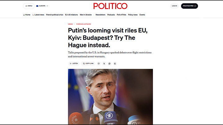    Politico: "Приближающийся визит Путина раздражает ЕС и Киев: Будапешт? Лучше в Гаагу". Скриншот: Politico