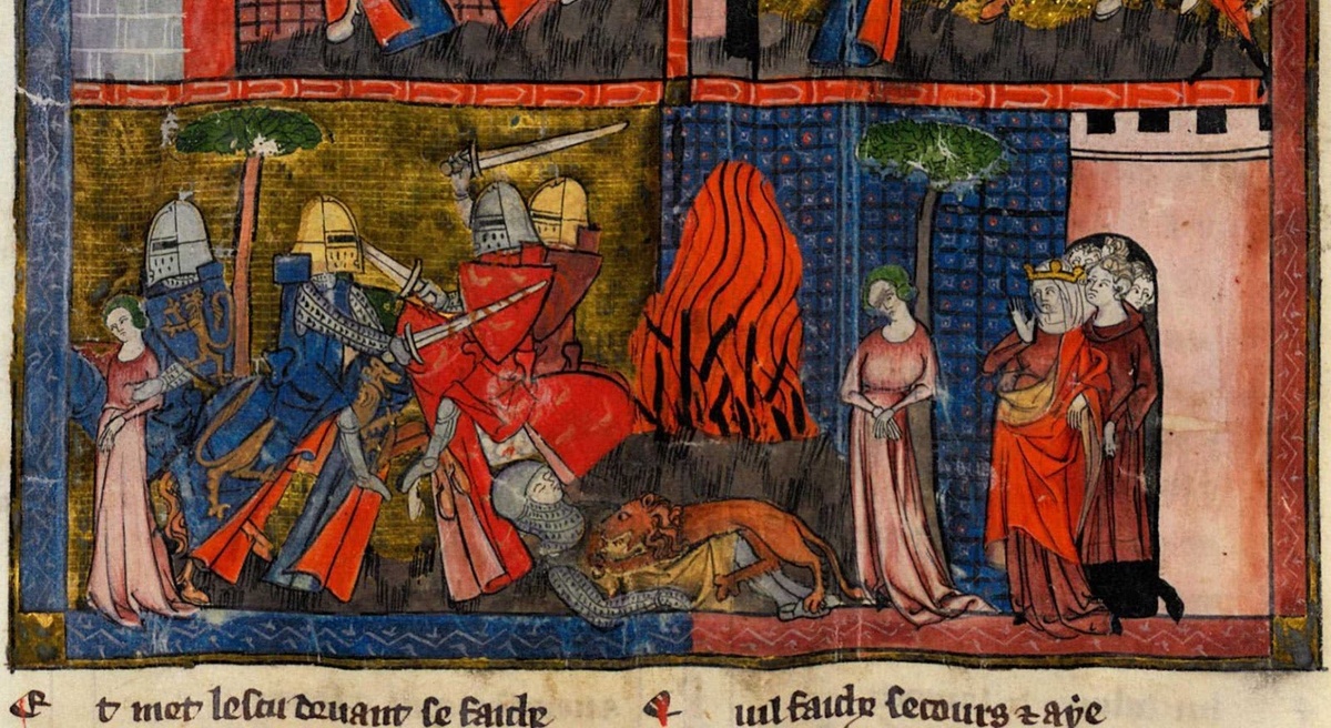 Иллюстрация к роману Кретьена де Труа «Ивэйн, или рыцарь со львом». Ок. 1325