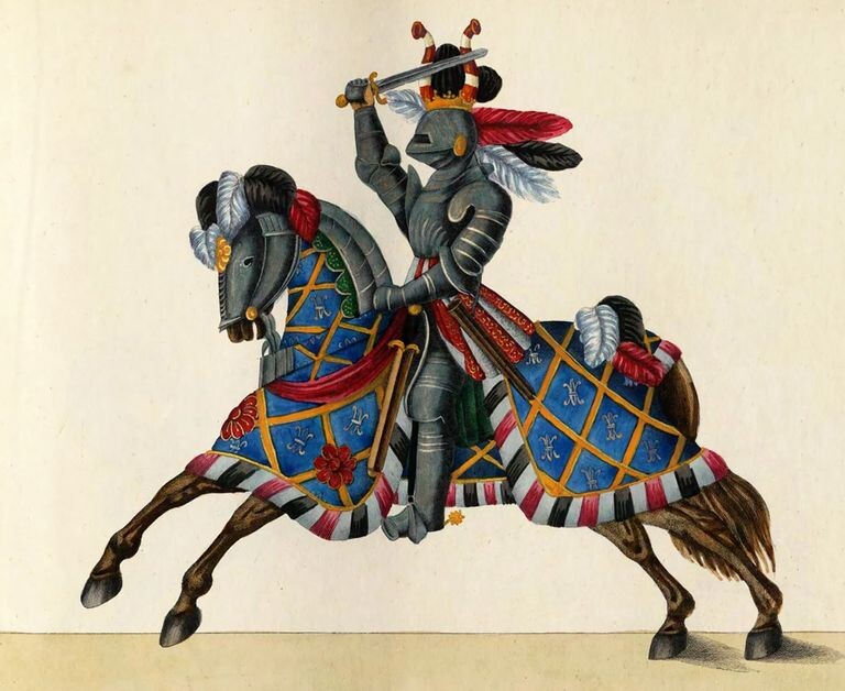 Вооруженный рыцарь. Иллюстрация из «Истории развития и обычаев рыцарства» Ф. Коттенкэмпа. 1842