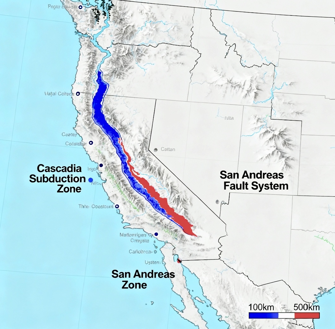 Карта западного побережья США, на которой выделены зона субдукции Каскадия и система разломов Сан-Андреас.