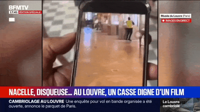    Видео ограбления в Лувре: мужчина в капюшоне и жёлтом жилете вскрывает витрину в галерее Аполлона. Видео: BFMTV
