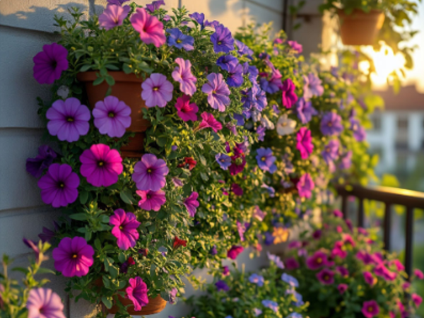 Подвесные кашпо с петуниями на балконе. Картинка сгенерирована автором в нейросети