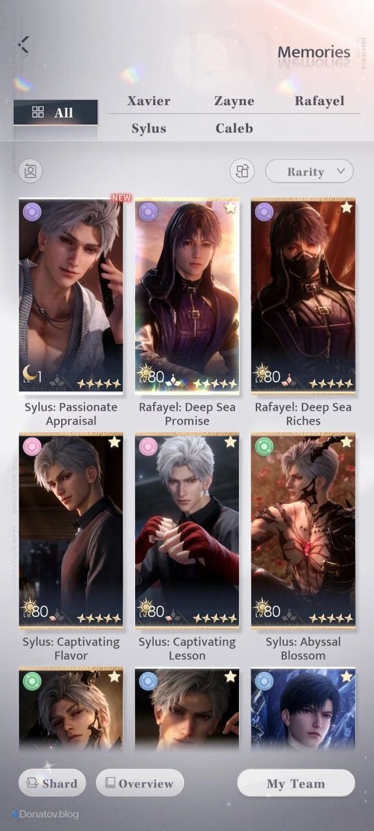    Меню карточек с персонажами Love and Deepspace