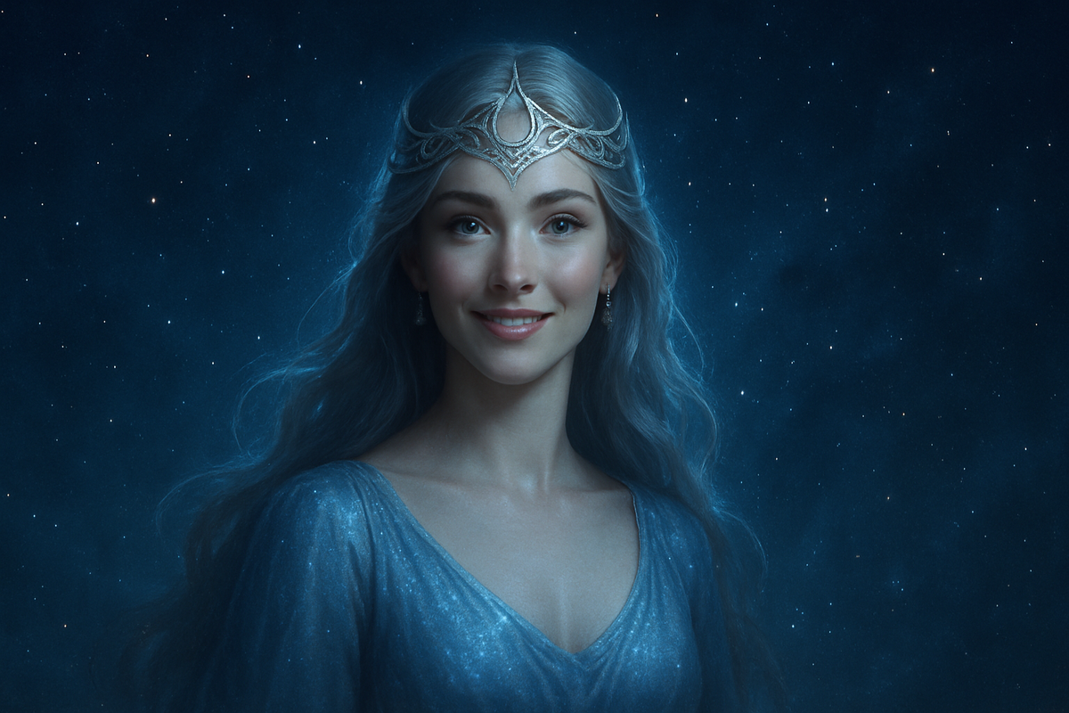 Лунная Богиня во всё сияние ночи приглашает вас в расклад рун и лунный ритуал перемен. Её серебряная корона и мягкая улыбка — знак, что Новолуние ведёт к началу нового цикла и ясным ответам.
