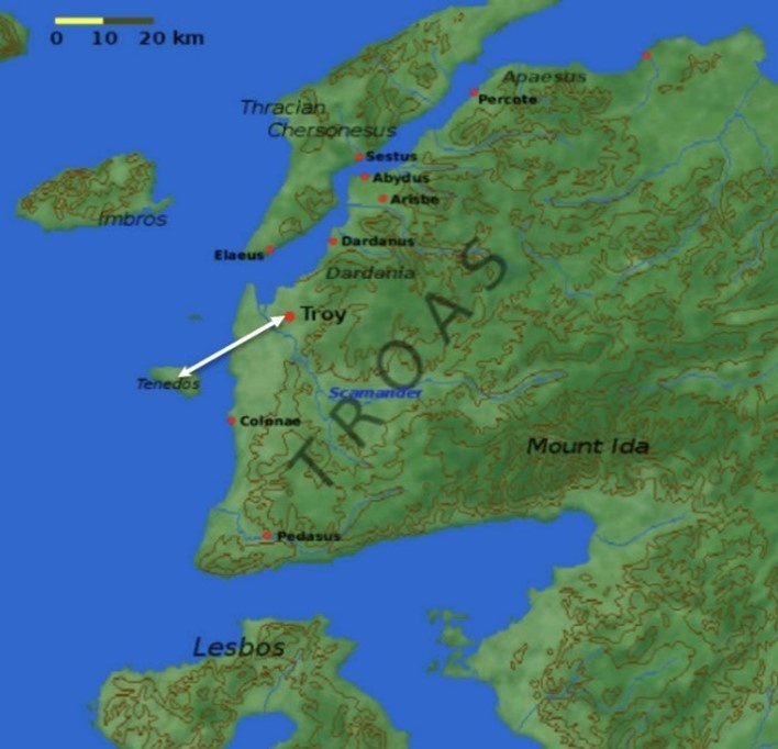Рис. 1. Остров Тенедос и Троя, из Википедии (доработано), https://ru.wikipedia.org/wiki/Троя