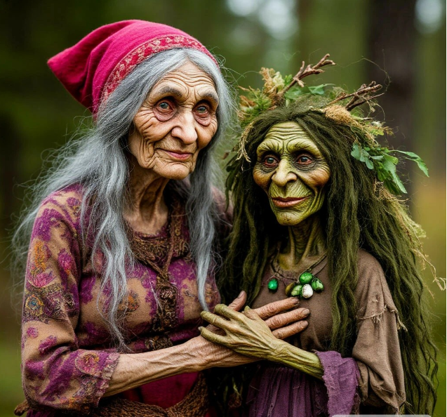 Баба Яго с Кикиморой. Создано ИИ по запросу автора