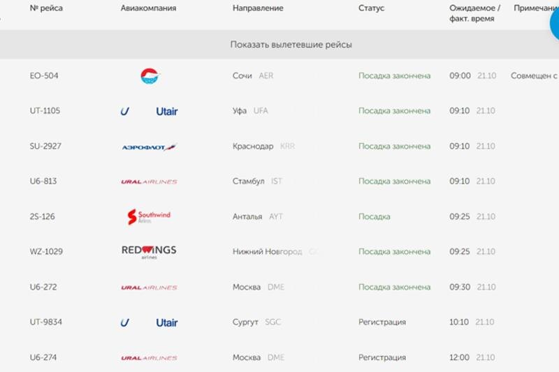    Онлайн-табло аэропорта Кольцово