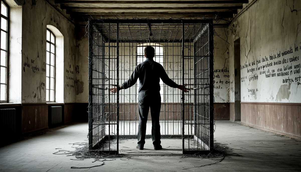 Сюрреалистичная сцена: человек стоит в центре просторной, но пустой комнаты. Вокруг него выстроена тюремная решетка, но при ближайшем рассмотрении видно, что прутья этой клетки состоят не из металла, а из хрупких, материальных мыслей: они сплетены из толстых цепей сомнений, паутины навязчивых идей, листов исписанной бумаги с формулировками ограничивающих убеждений (например, "У меня не получится", "Я недостоин"). 