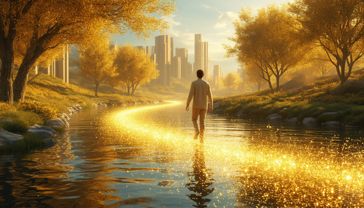 Визуальная метафора жизни как магического потока. Человек идет по сияющей реке, сотканной из жидкого света и золотых частиц. Его шаги легки, поза расслаблена и уверенна, выражение лица — спокойная радость. Он не прилагает усилий, а просто движется вместе с потоком, и по мановению его руки или просто по направлению его взгляда из реки возникают и материализуются объекты его желаний: архитектурные формы сами складываются из света, деревья мгновенно расцветают и плодоносят, а символы изобилия (монеты, кристаллы, жемчуг) всплывают на поверхность, как пузыри. Ключевая идея — не борьба, а состояние слияния с волшебным потоком, где реализация происходит сама собой.