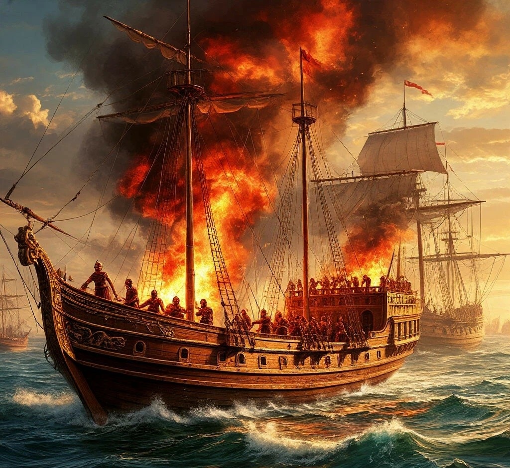 Греческий огонь в морском сражении 