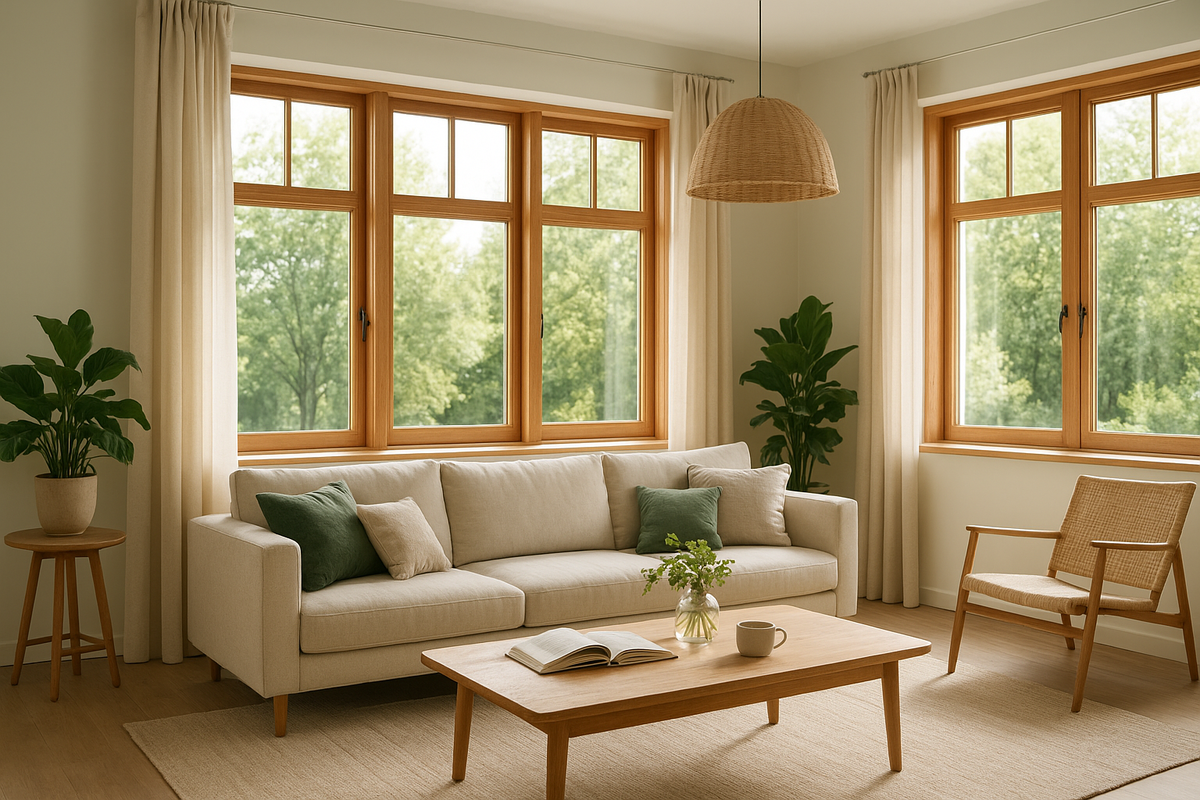 Просторная гостиная с большими деревянными окнами из дуба, через которые мягко проникает солнечный свет, создавая атмосферу тепла и уюта. Современный интерьер с элементами натурального дерева и зелёными растениями.