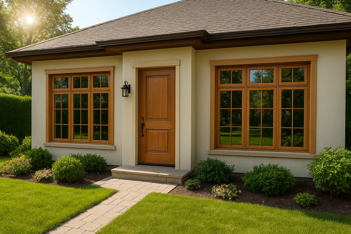 Фасад загородного дома с установленными деревянными окнами со стеклопакетами, выполненными в классическом стиле. 