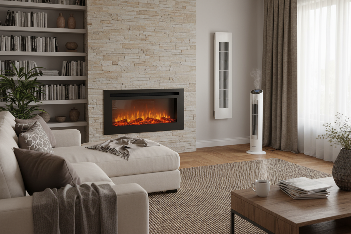 Уютный интерьер с установленными отопительными приборами: электрическим обогревателем