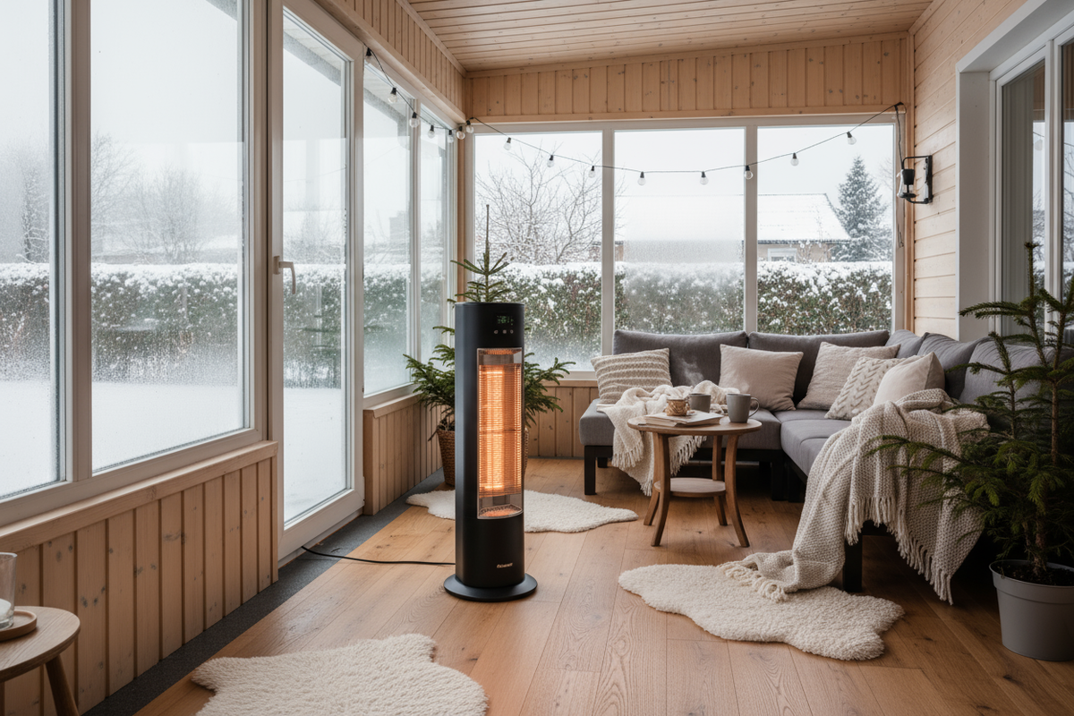 Утепленная терраса с прозрачными окнами и обогревателем