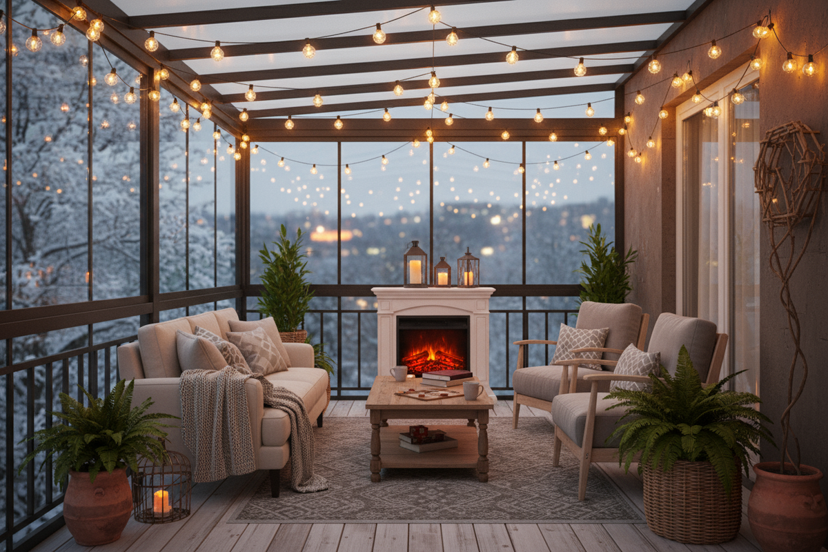 Терраса с гирляндами и электрическим камином, создающим уютную атмосферу