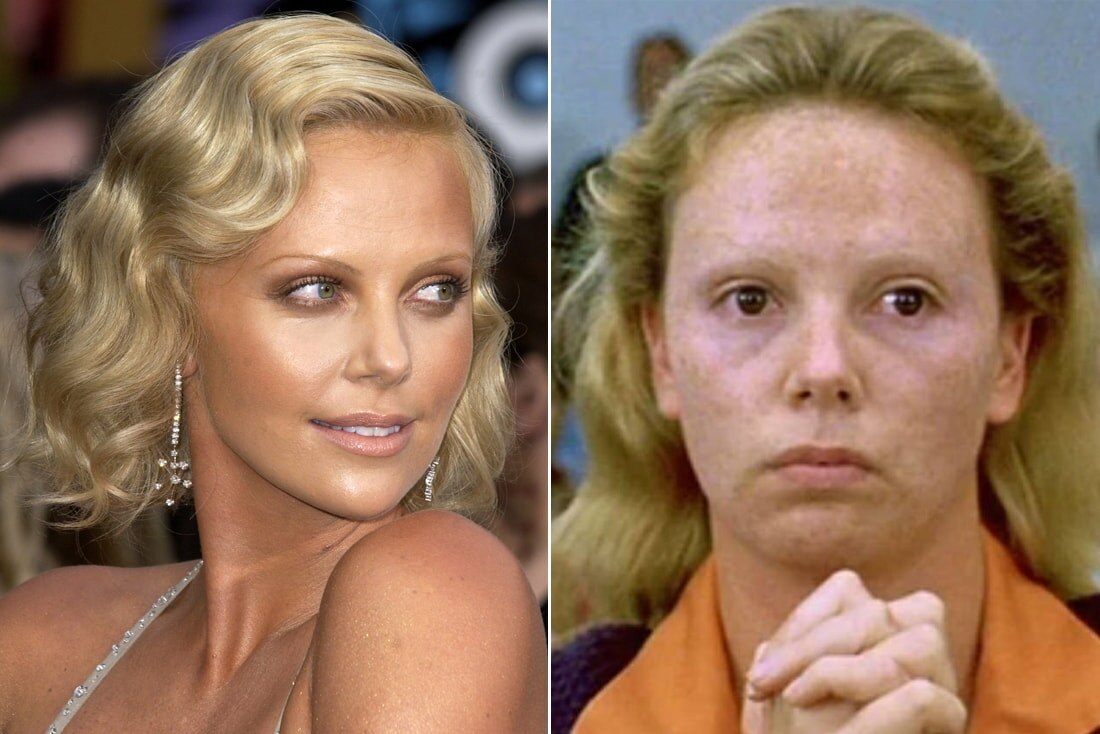 Шарлиз Терон в обычной жизни и в фильме "Монстр".