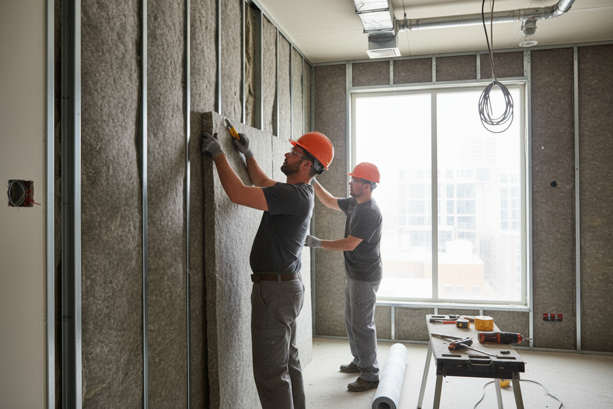 Процесс установки звукоизоляционных панелей на стену