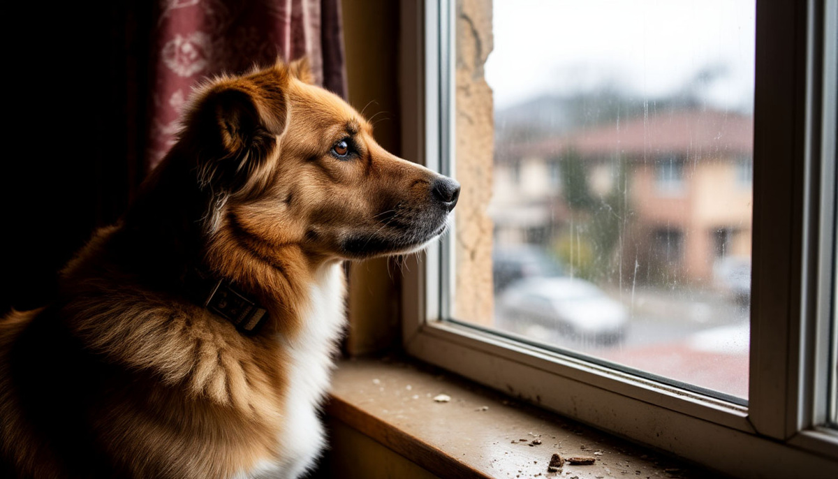 собака настороженно смотрит в окно во время землетрясения