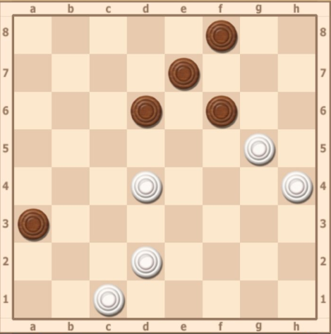 1.H6 DE5 2.DC5 F4 3.G7! H6 4.B6 D6 5.A7 G5 6...G3 7.B8 H2 8.E5 X