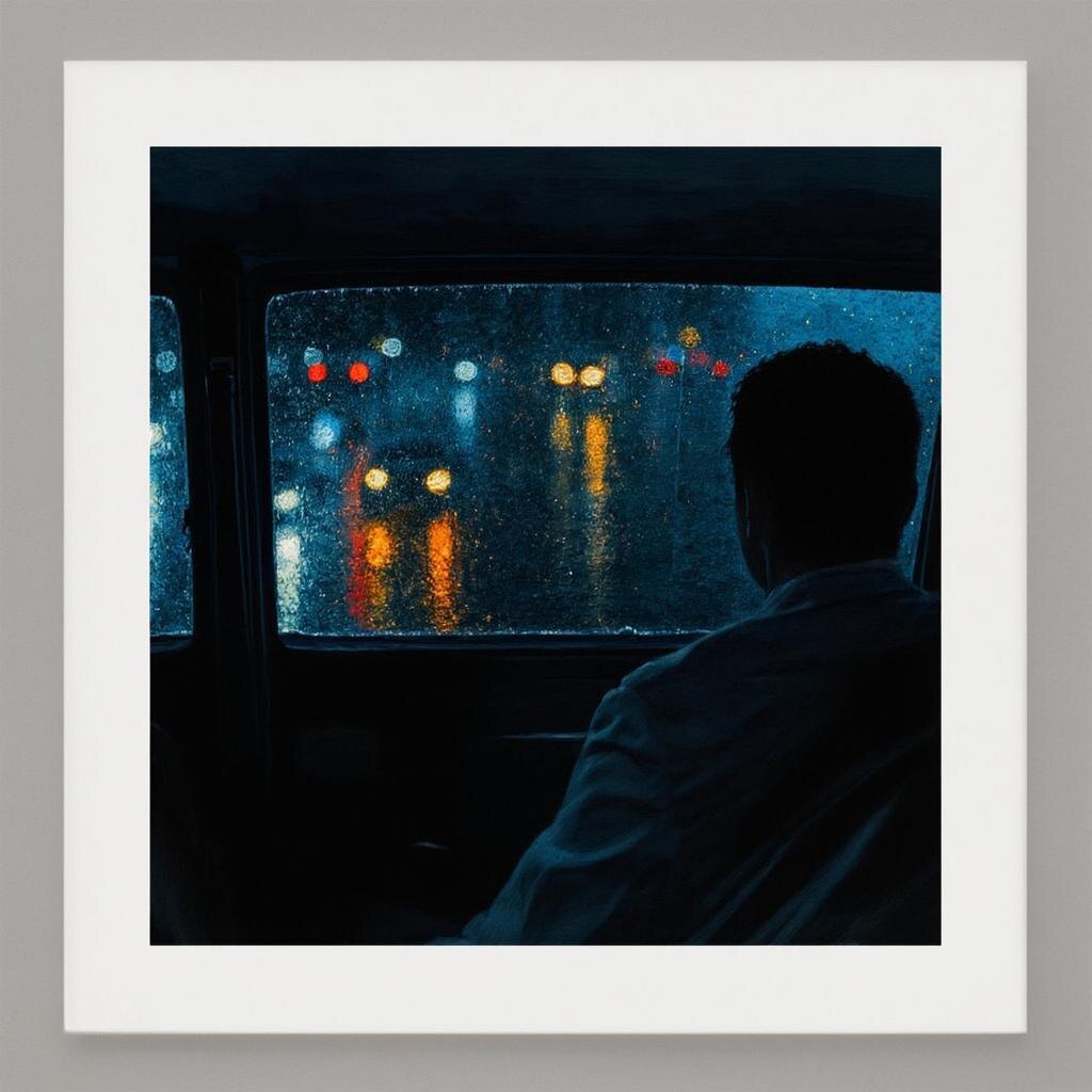 Падающая за окном такси хмурая московская ночь. Изображение сгенерировано спомощью нейросети.