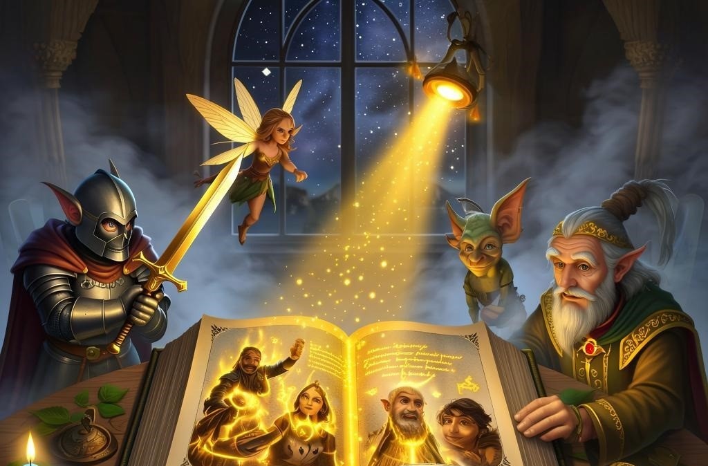 Картина наполнена интенсивным золотым свечением, которое исходит от раскрывшейся книги и окутывает всех героев мягким тёплым светом. Рыцарь, вооружённый сияющим мечом, уверенно смотрит вперёд, готовый защитить друзей. Фея теперь окружена сиянием, лучи которого фокусируются на страницах книги, помогая разобрать древние письмена. Гоблин увлечённо работает с книгой, выделяя значимые моменты яркими цветами. Маг склонился над свитком, сравнивая карты и символы. Золотое свечение добавляет сцене ощущение магии и силы, делая её визуально яркой и привлекательной.
