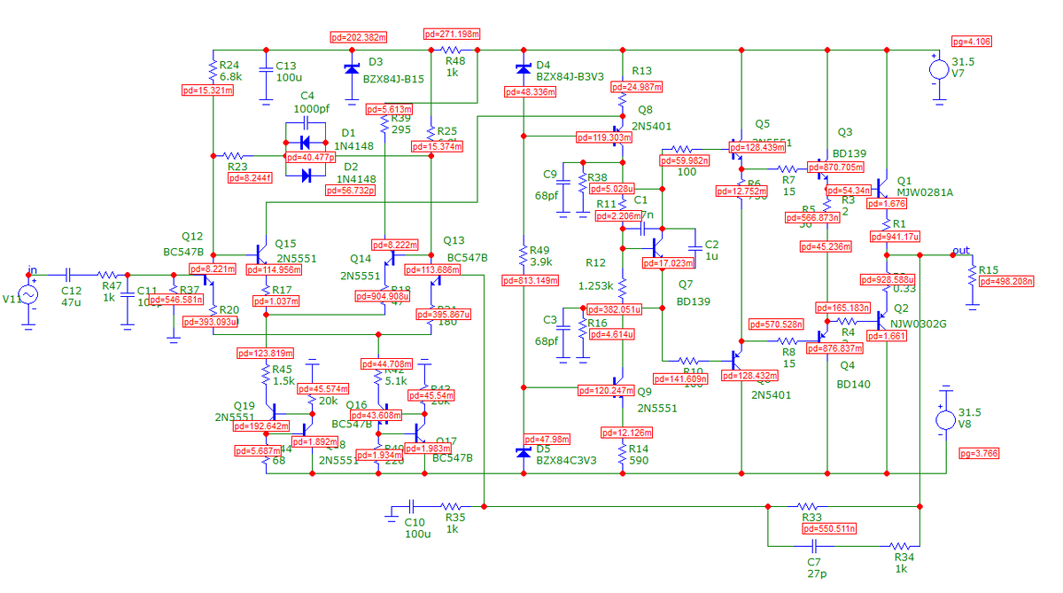 Мощности на элементах при отсутствии сигнала.
