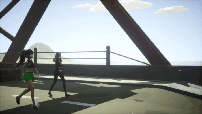 Gif картинка "Героини идут по разрушенному мосту в город"