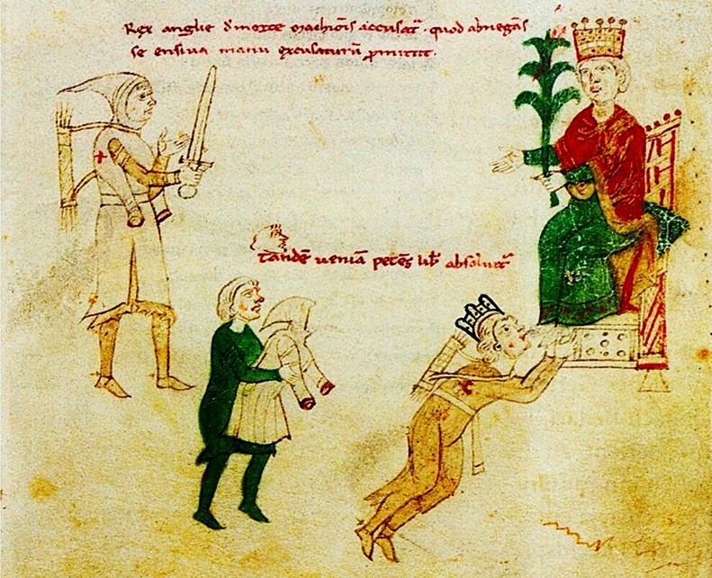 На этой немецкой миниатюре конца ХII века под оргинальным названием «Император Священной Римской империи Генрих VI дарует прощение Ричарду I Английскому» германский хронист изобразил самый известный и нелепый эпизод, выдуманный имперской пропогандой для пущего и максимального унижения пленного короля-крестоносца. Миниатюра изображает Ричарда, который сбросив верхнюю одежду, смиренно целует сандалии императора Генриха VI, признаввая себя не только его пленником, но и вассалом