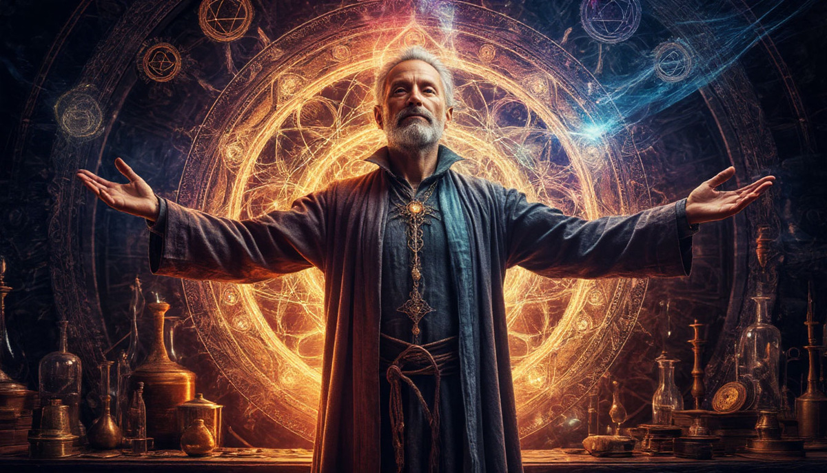 Величественный образ современного алхимика, совершающего квантовое преображение реальности. 