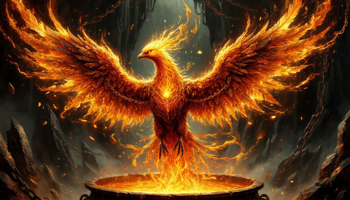 Величественная птица-феникс, чьи крылья сотканы из расплавленных цепей и осколков скал, с мощным взмахом поднимается из котла алхимических превращений, где тёмные грозовые туманы трудностей превращаются в сияющие золотые перья свободы.