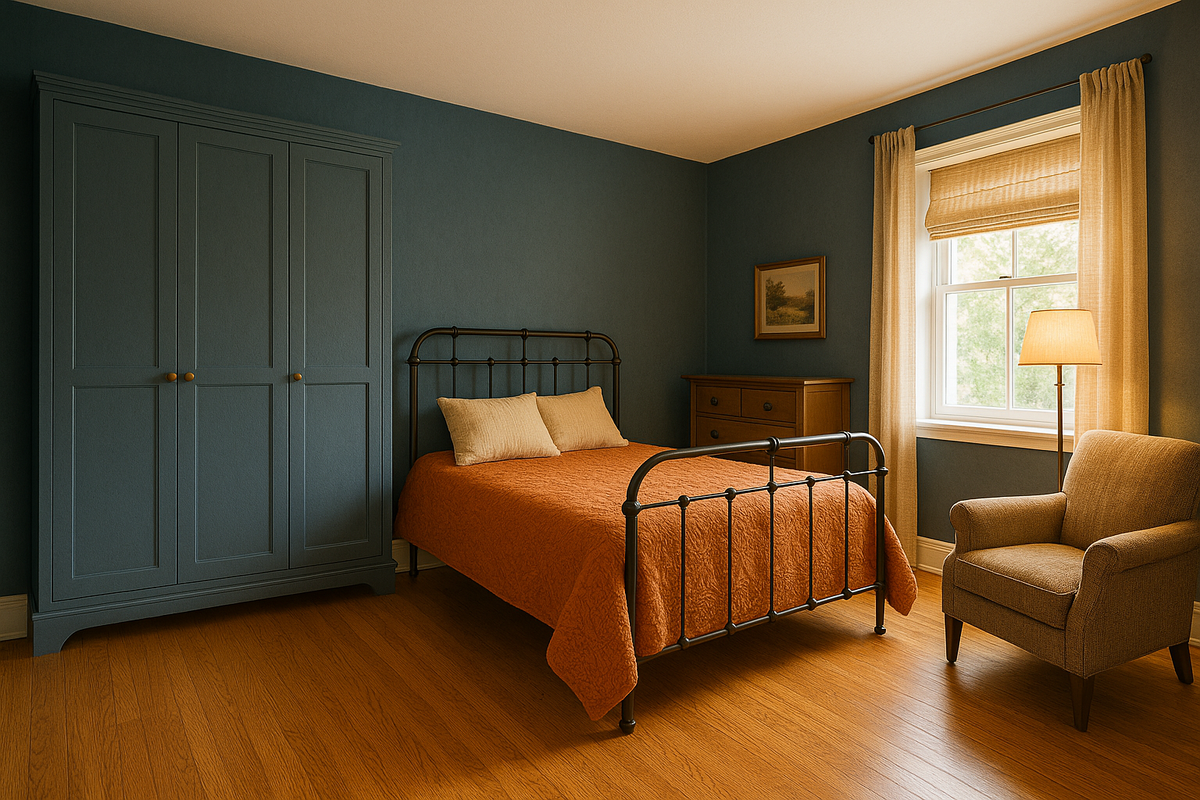 Шкаф большой, да. Но за счет своего цвета немного растворяется в комнате