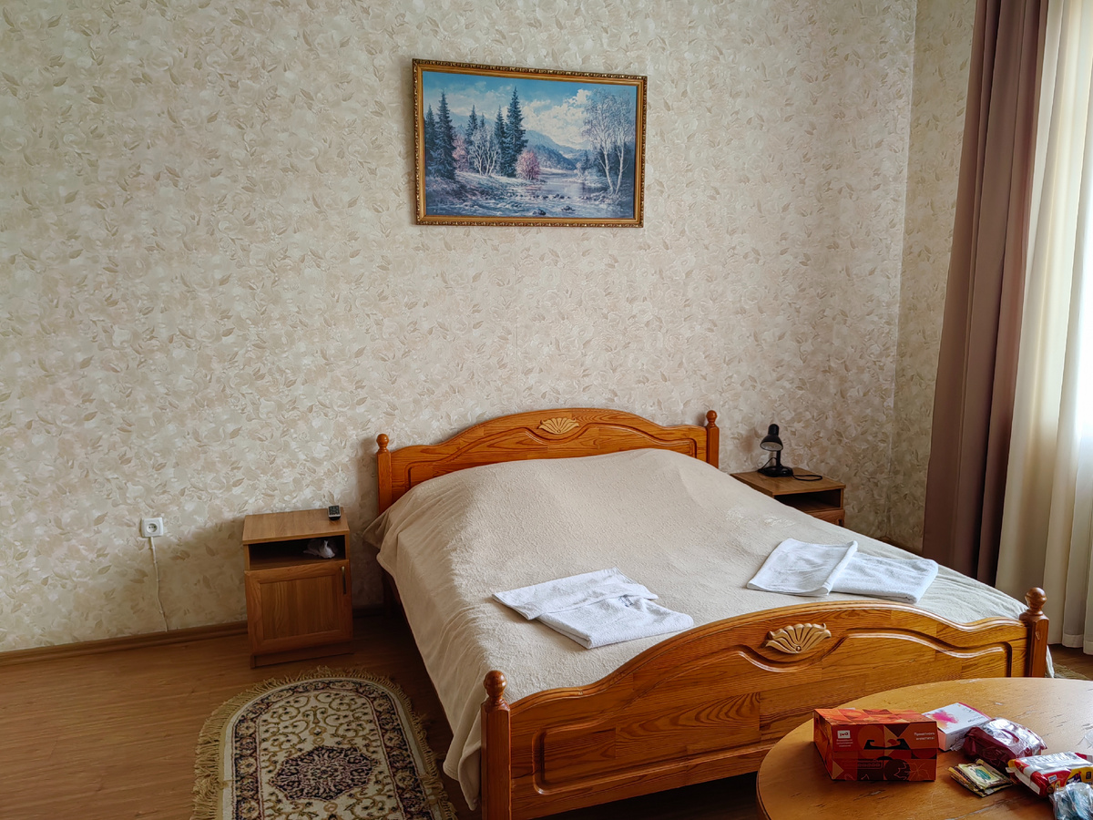 Номер просторный, кровать большая, картина немного оживляет стену.