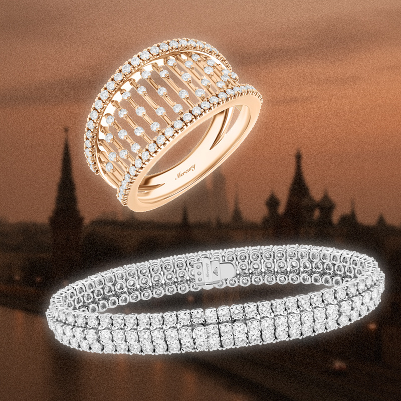 Браслет Classic из белого золота с бриллиантами и кольцо Miss Russia из розового золота с бриллиантами, все Mercury