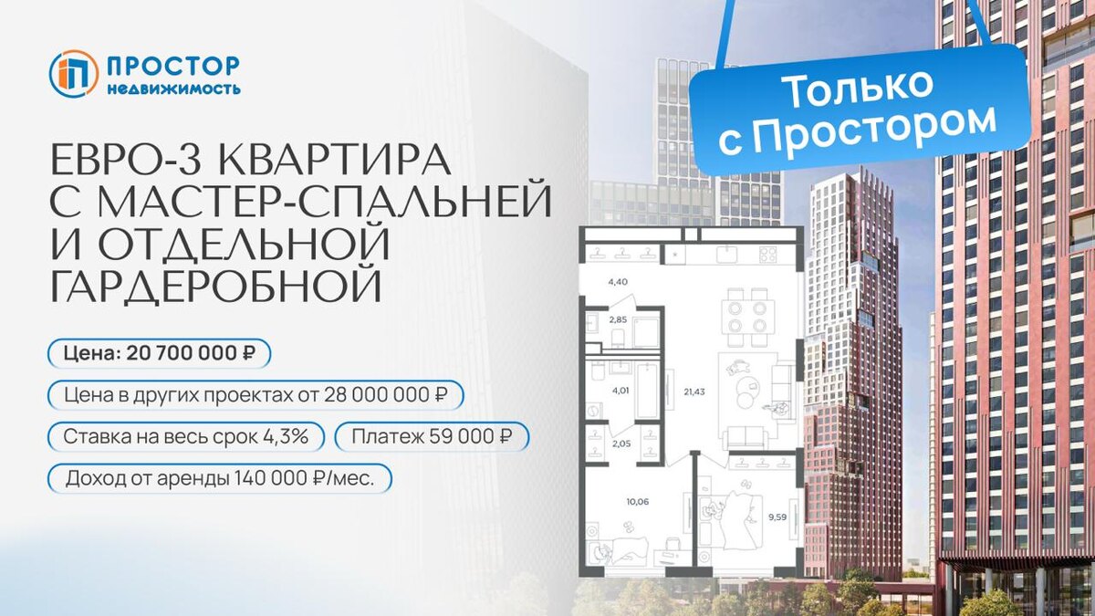 Евро-3 квартира с мастер-спальней и отдельной гардеробной за 59 000 ₽/мес. 