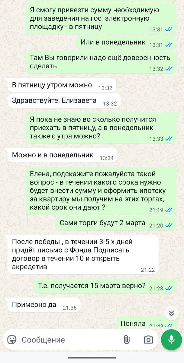 это моя переписка с агентом недвижимости по сопровождению в АУКЦИОНЕ