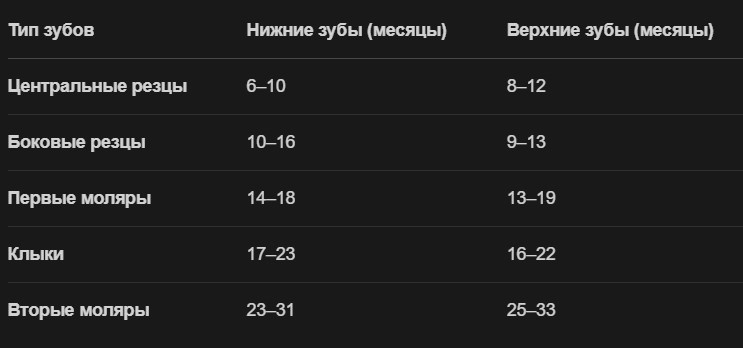 таблица прорезывания зубов с 6 месяцев до 33 месяцев (2 года и 9 месяцев)