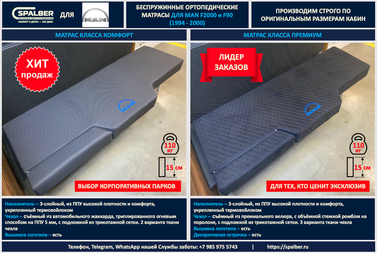 Линейка матрасов СПАЛБЕР Комфорт и Премиум для MAN F2000 и F90 (1994 - 2000). Фото СПАЛБЕР.