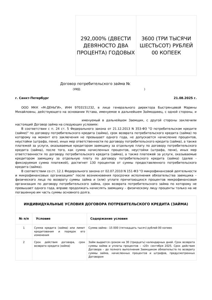 Договор потребительского займа от ООО МКК "М-Деньги"